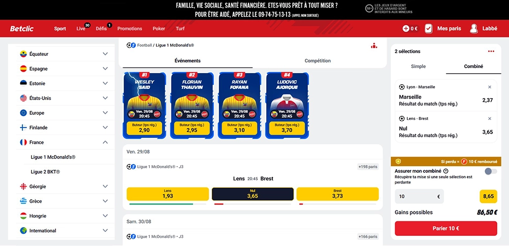 Page des paris sportifs Betclic