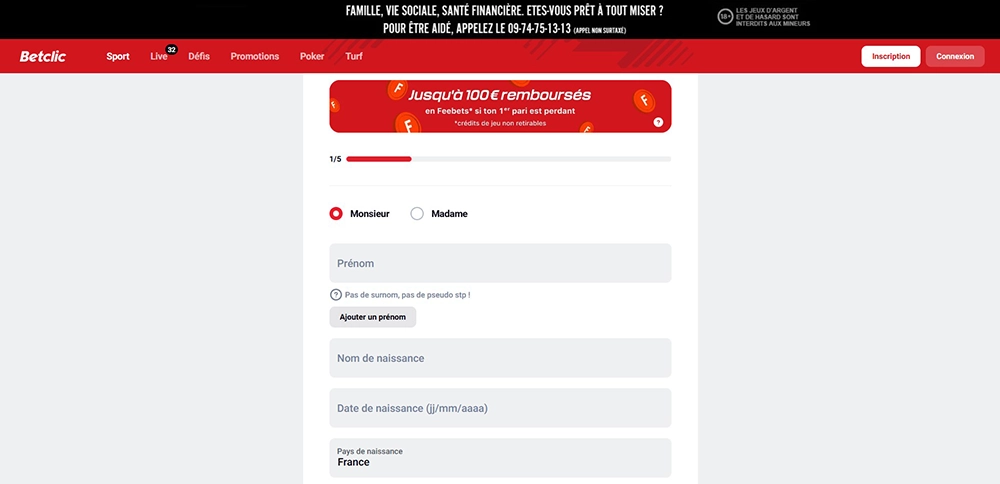 Page d'inscription à Betclic Sport
