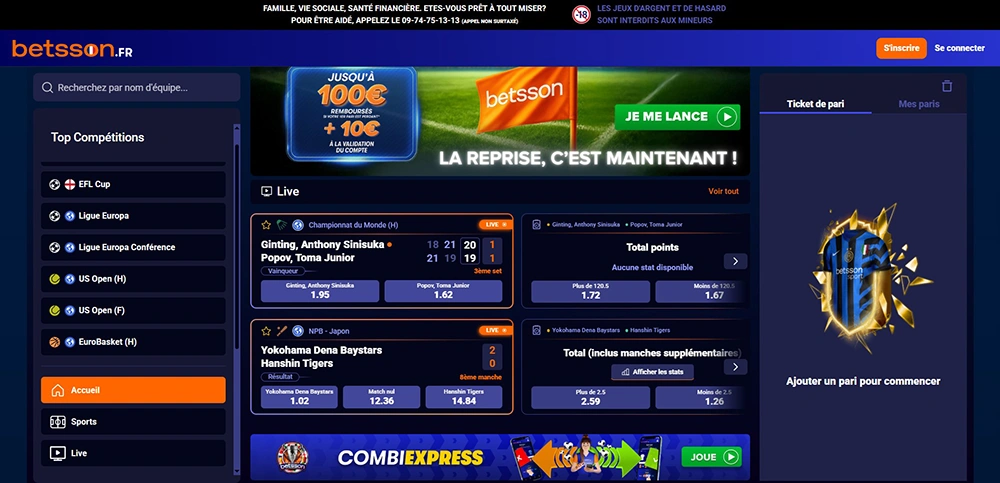 Page d'accueil Betsson Sport