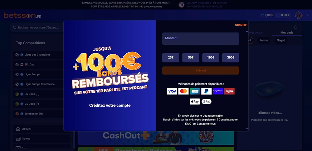 Page avec dépôt Betsson Sport