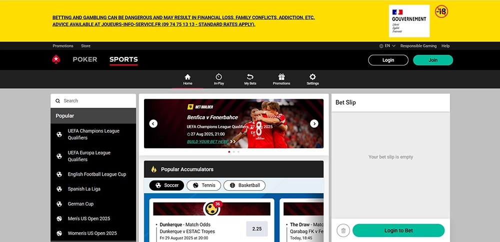 Page d'accueil PokerStars Sports