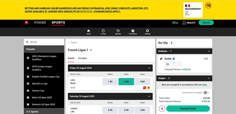 Page des paris PokerStars Sports