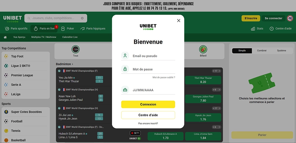 Page d'inscription à Unibet Sports