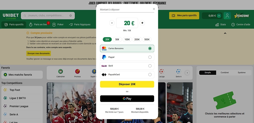 Page de dépôt Unibet Sports