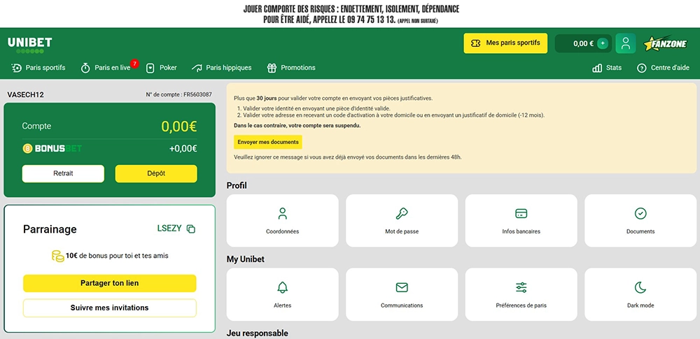 Compte personnel Unibet Sports