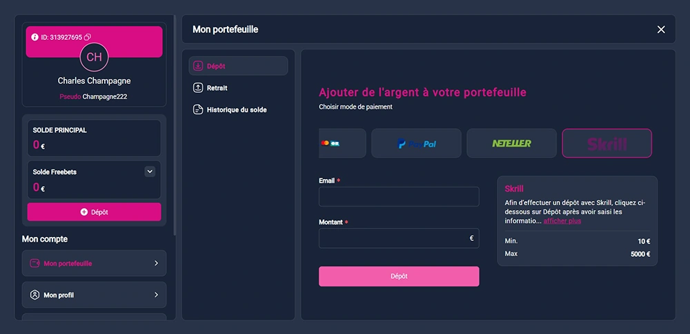 Page avec dépôt Vbet Sport