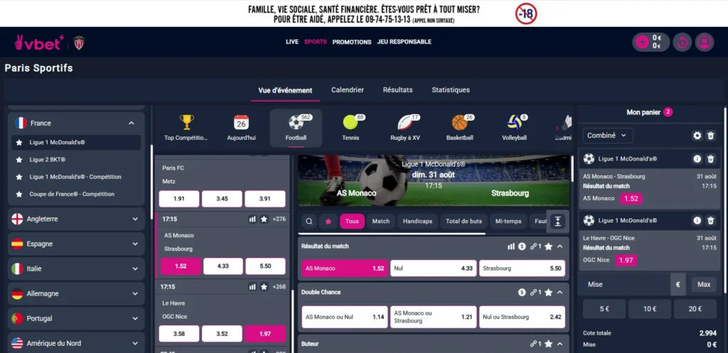 Page des paris Vbet Sport