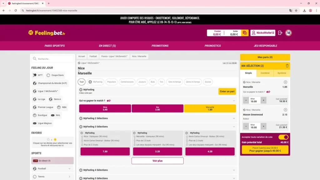 Page avec Ticket de Pari Feelingbet