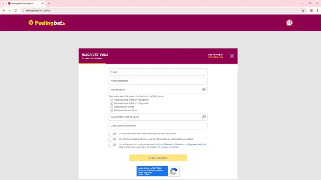 Page d'inscription Feelingbet