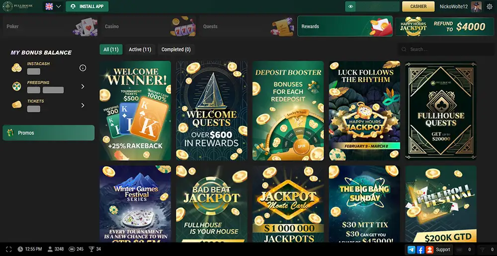 Capture d'écran de la page des bonus de FullHouseCrypto Poker