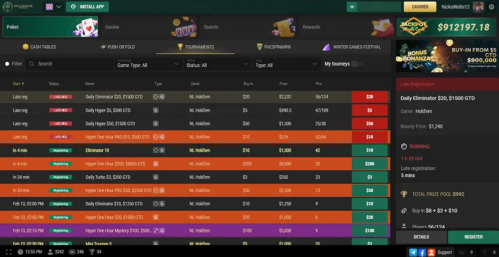 Capture d'écran de la page des tournois de FullHouseCrypto Poker