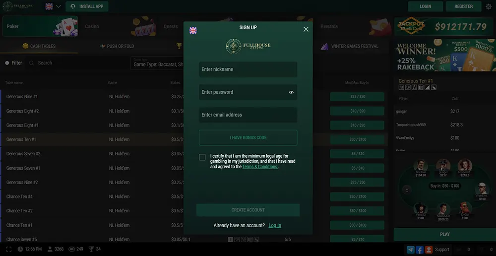 Capture d'écran de la page d'inscription de FullHouseCrypto Poker