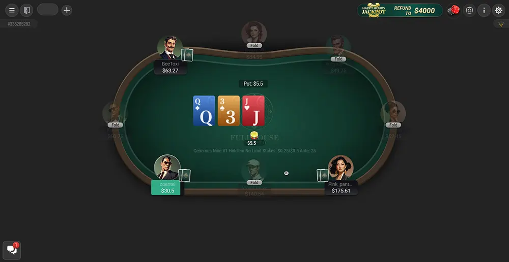 Capture d'écran de la salle de poker FullHouseCrypto