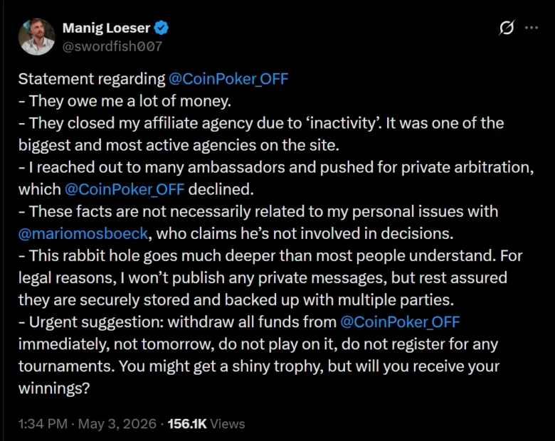 Le conflit entre Loeser et CoinPoker