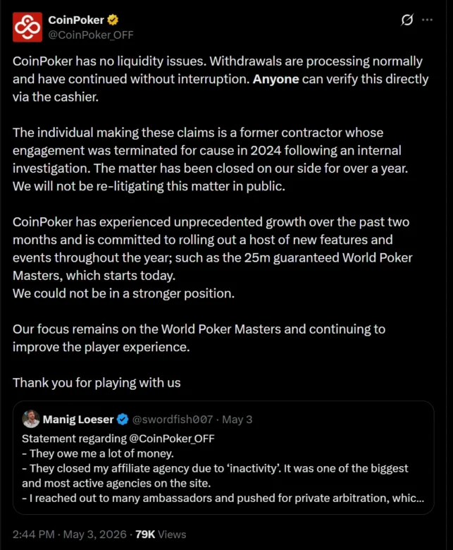 Le conflit entre Loeser et CoinPoker