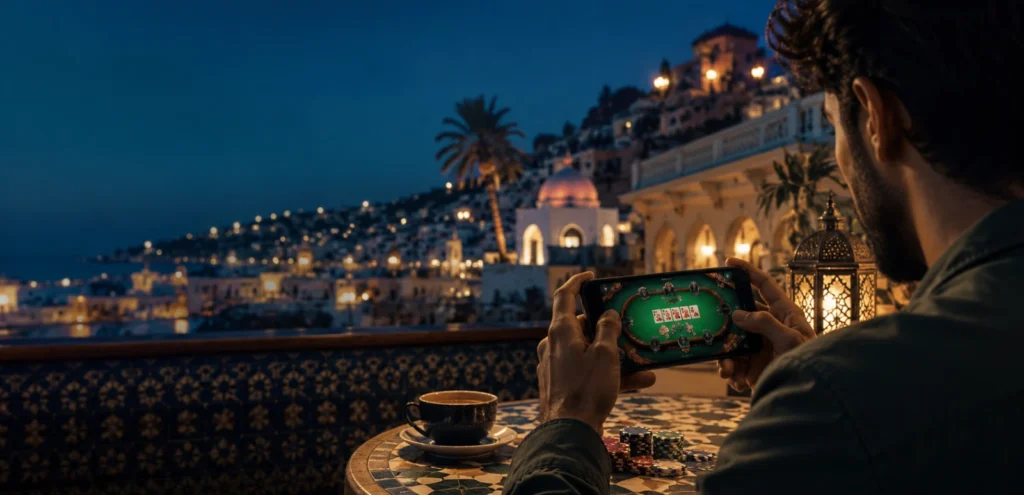 Jeu de poker sur smartphone dans un café en terrasse en Algérie au crépuscule.