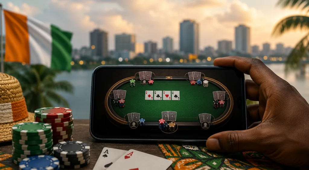 Jeu de poker mobile sur smartphone avec jetons et ambiance urbaine en Côte d’Ivoire.