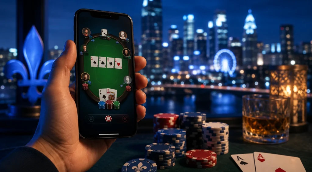 Main tenant un smartphone affichant une partie de poker en ligne, avec jetons et ambiance nocturne inspirée du Québec.