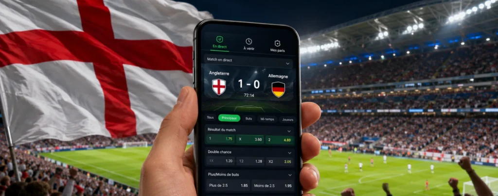 Smartphone avec application de paris sportifs dans un stade britannique.