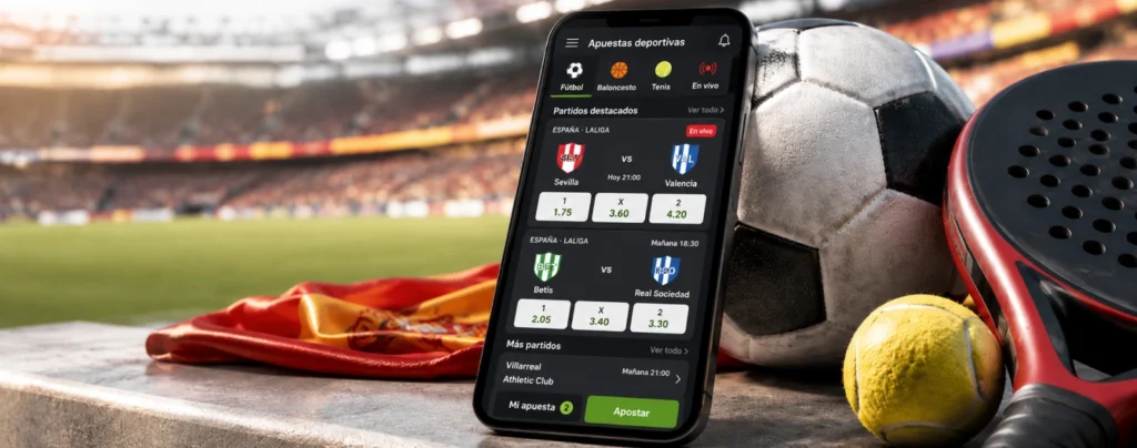 Smartphone affichant une application de paris sportifs en espagnol, posé dans un stade avec ballon de football, raquette de padel, balle jaune et couleurs de l’Espagne en arrière-plan.
