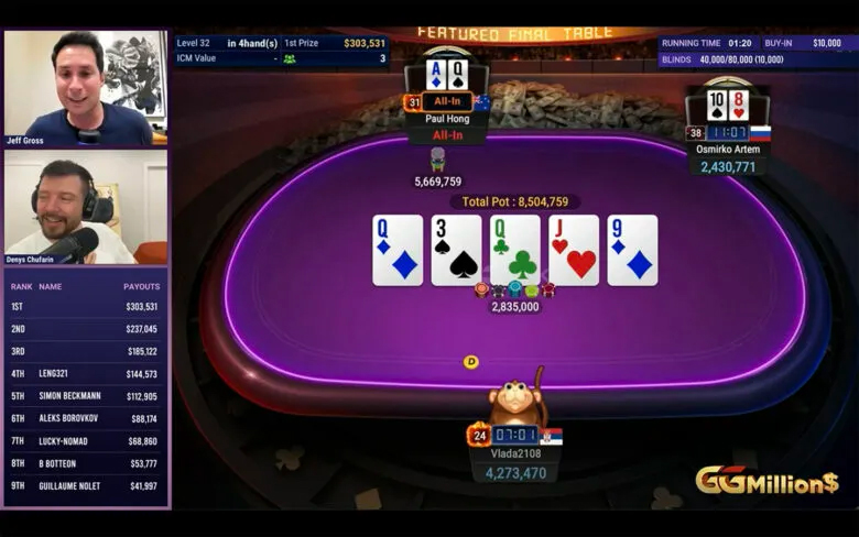 Flop 6-T-Q, paire chacun. Turn 6, brelan pour Osmirko qui check-shove, leng321 paye, pot 40 BB. À 3, Hong (AQo) perd 96 BB contre T8o (full 9 river). Stojanovic 3e (ATo contre JJ).
