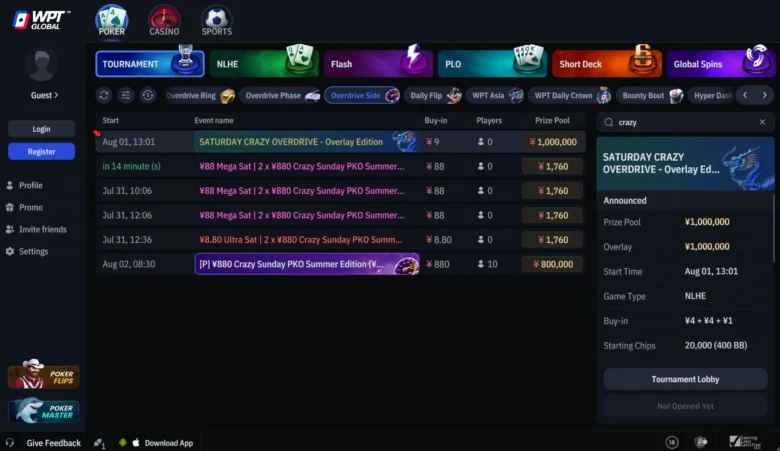 Saturday Crazy Overdrive dans le lobby de WPT Global