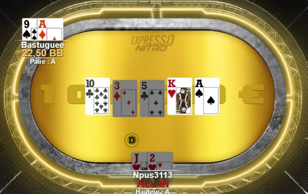 « Bastuguee » transforme 1 € en 800 000 € en six mains sur Winamax grâce à un jackpot Expresso à 1 million d'euros. Probabilité : une sur 10 millions.