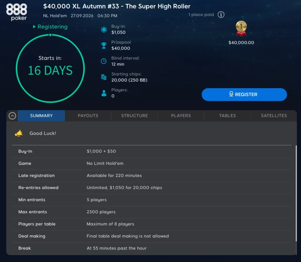 XL Autumn 2026 : 41 tournois, 26 Mystery Bounties, 2 Main Events, buy-ins $5.50–$1,050, plus de $800K garantis.
