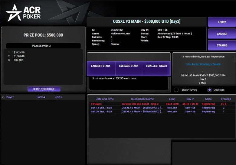 OSSXL #3 Main $500K GTD : 300 000 jetons (150 bb), late reg 30 niveaux