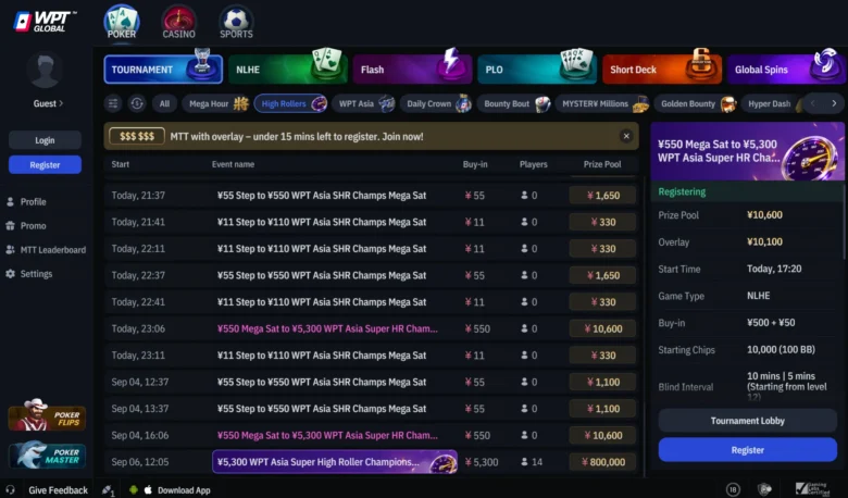 Comment trouver le tournoi SHR de WPT Global