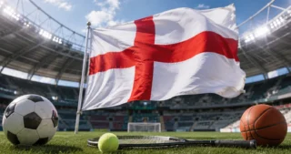 Drapeau anglais planté sur un terrain de stade, entouré de ballons de football, tennis, basket et d’une raquette.
