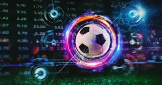 Ballon de football entouré d’éléments numériques et de cotes de paris sportifs en arrière-plan