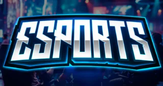 Logo eSports lumineux avec lettrage stylisé sur fond de compétition de jeux vidéo.