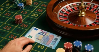 Joueur à la table avec un billet de 20 euros